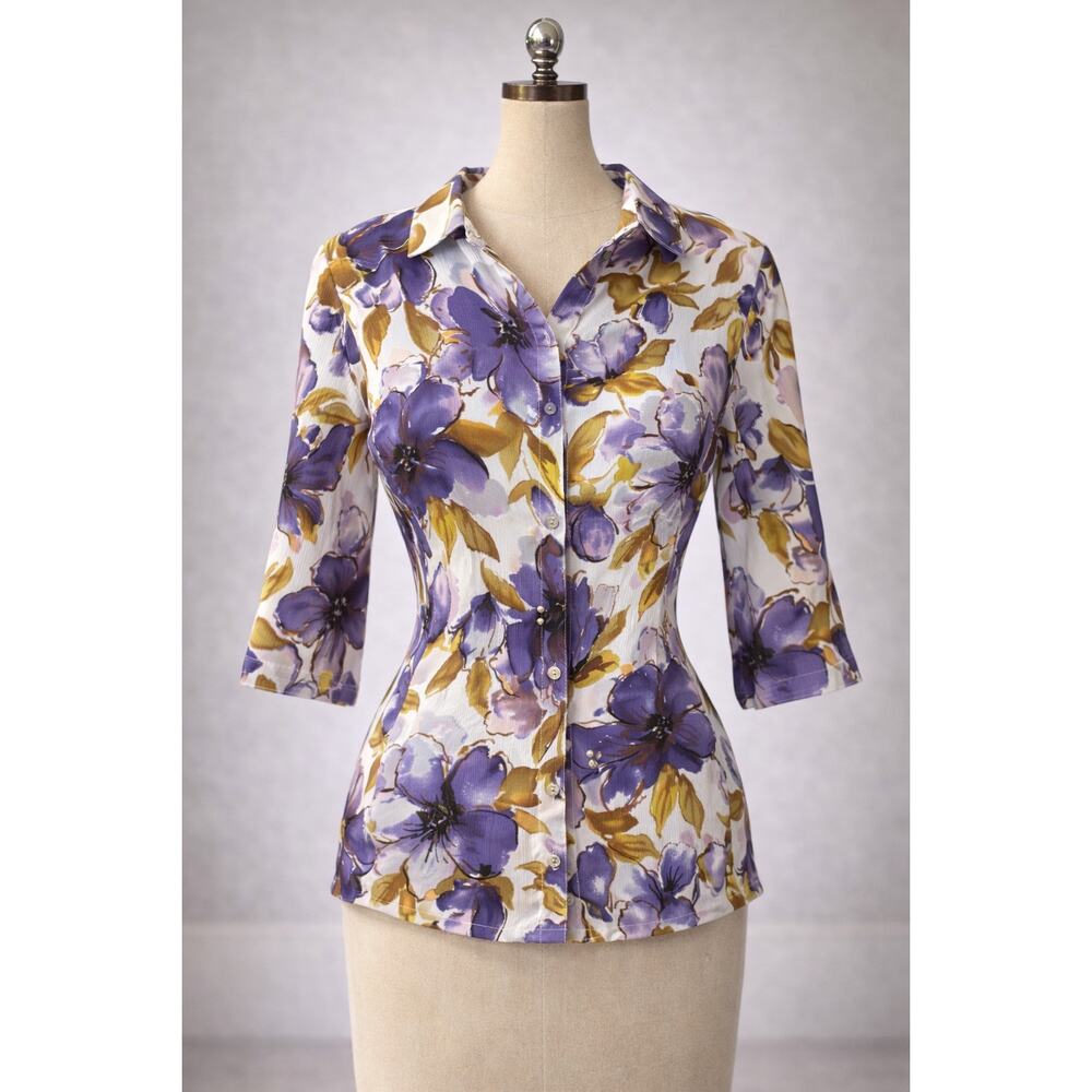 Alia Petites Women Purple Floral Button-Up Shirt 3/4 Sleeve Summer Casual Top PM - Picture 1 of 4